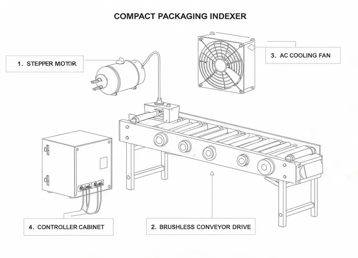 Schematic of packaging indexer with annotated motor axes